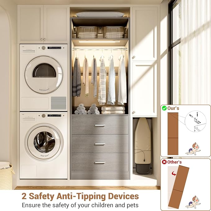 4FT Closet System with 2 Motion Sensor LED Lights, 48" Closet Systems with 6 Drawers, Closet Organizer System with 2 Hanging Rods & 2 Shelves, Heavy Duty 48 Inch Walk-in Closet, Grey