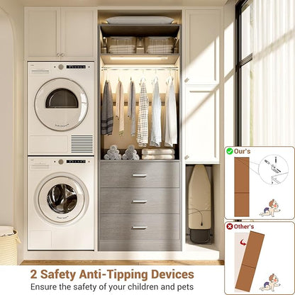 2FT Closet System with 3CCT Motion Sensor Light, 24" Closet Organizer with 3 Wooden Drawers, Closet Systems with Hanging Rod & Top Storage, Small Closets Wardrobe for Walk-in Closets, Grey