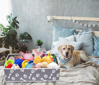 Linen-cotton Blend Dog Toy Organizer Basket - Storage for blankets, leashes, rope toys, clothing - Bone claw pattern