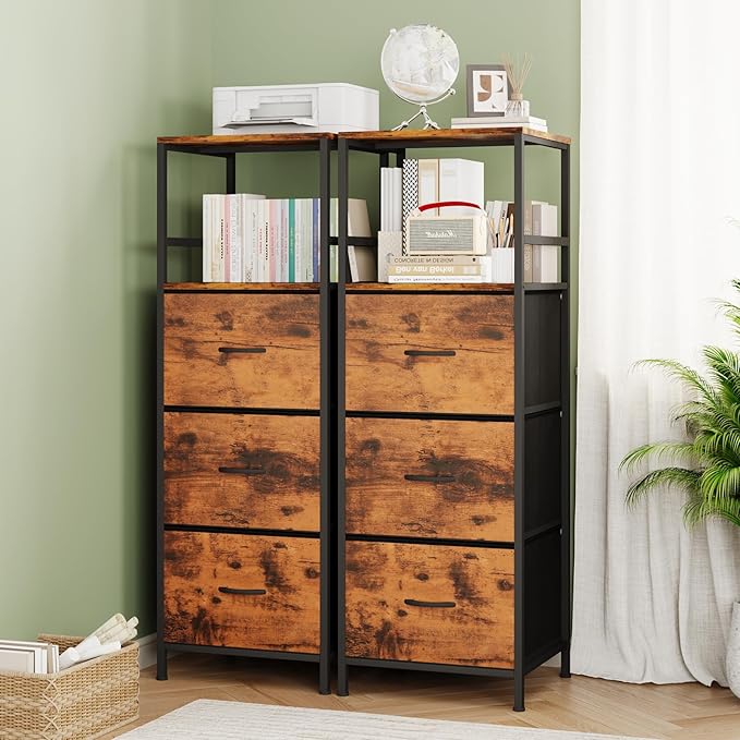 51" H Tall Mobile File Cabinet, Rolling Printer Stand with 3 Drawers, Adjustable Hanging Rails for A4/Letter/Legal Files, Fabric Vertical Filing Cabinet for Home Office, Rustic Brown