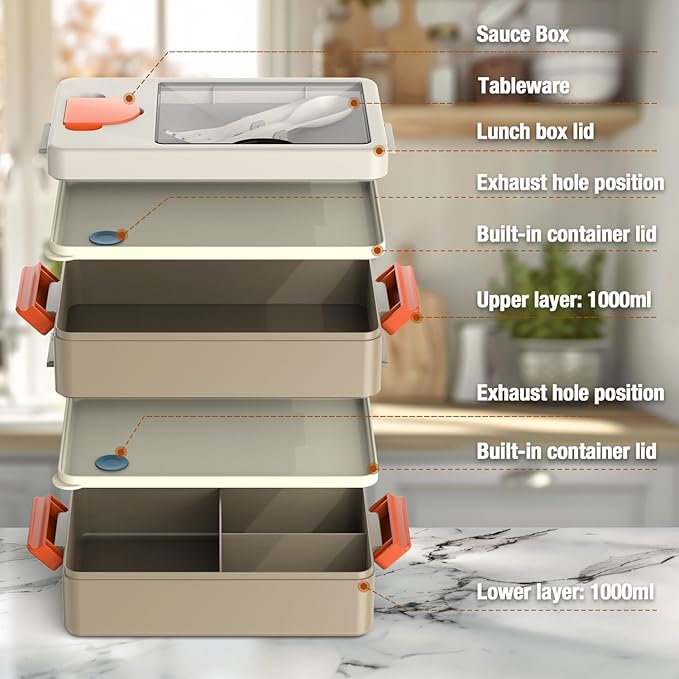 Bento Box Adult Lunch Box – 2-Layer Stackable Lunch Container with Utensils & Insulated Bag, 67oz Large Capacity, Leakproof & Microwave Safe, BPA-Free Bento Lunch Box for Work, Gym, Outdoor (Khaki)
