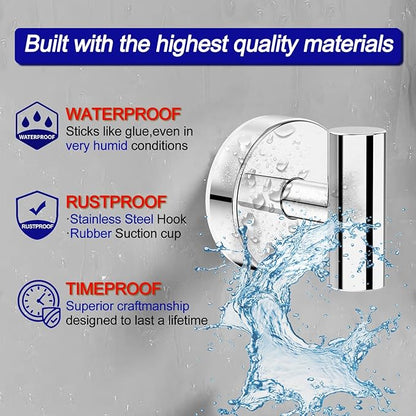 Suction Cup Hooks, Shower Hooks for Inside Shower – Removable Towel Hooks for Bathroom Window Glass Mirror Tile, Bath Robe Looafh Hook for Hanging – Waterproof & Rustproof, Chrome (4 Pack)