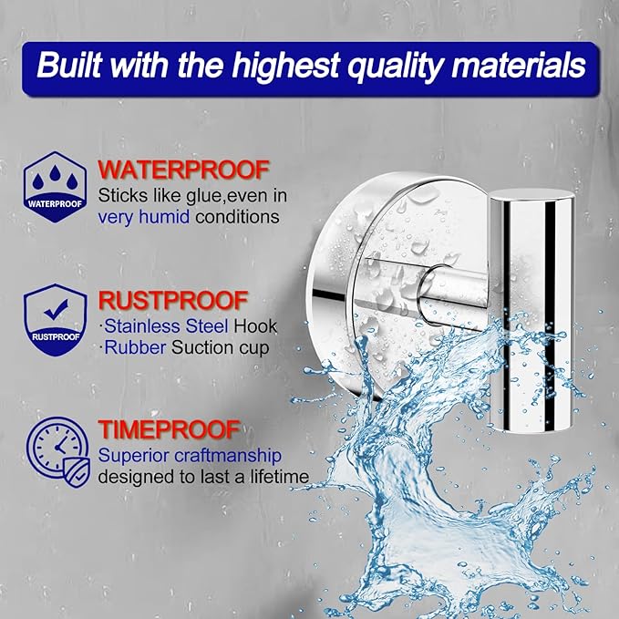 Suction Cup Hooks, Shower Hooks for Inside Shower – Removable Towel Hooks for Bathroom Window Glass Mirror Tile, Bath Robe Looafh Hook for Hanging – Waterproof & Rustproof, Chrome (2 Pack)