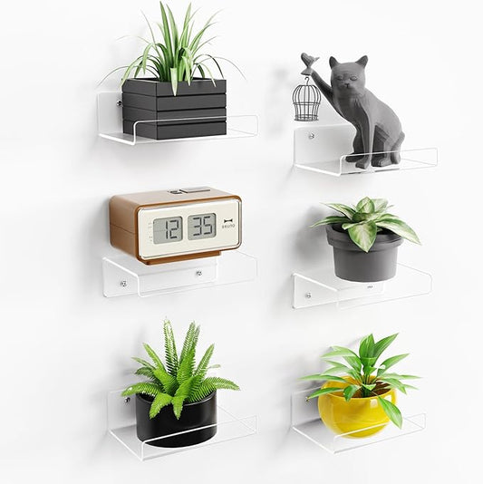upsimples 6 Pack 6'' x 6'' Acrylic Small Shelves, Floating Shelves for Wall, Display Shelf Organizer for Plants, Speaker, Radio, Toys, Clear