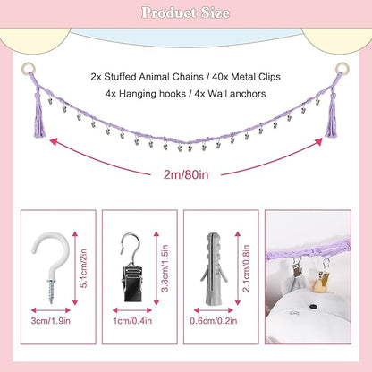 80" Cotton Hanging Storage Chain for Stuffed Animals Storage with 40 Metal Clips, Stuffed Animal Organizer Chain for Wall Corner Nursery Play Room, Purple