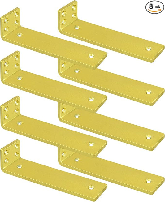 Gold Floating Shelf Brackets 12 inch, Heavy Duty Wall Shelf Bracket 8 Pack for Shelves Support, Hidden Metal L Brackets with Mounting Hardware (1/5'' Thick)