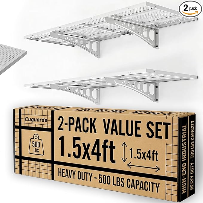 2-Pack 1.5x4ft Garage Shelving Heavy Duty, 500 Lbs Wall Mounted Storage Shelf, Solid Flat Panel Organizer With Complete Install Kit, White