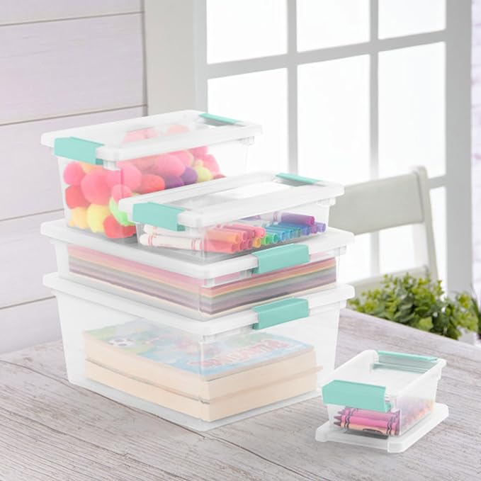 Sterilite 12-Pack Clip Box, Stackable Clear Plastic Bins with Latching Lids, Mini - Writing, Arts or Crafts Supplies Storage Containers for Home, Office, Classroom and Workshop Organization