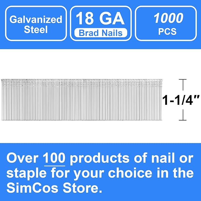 18 Gauge Brad Nails 4 Sizes (2",1-1/2",1-1/4",3/4") Galvanized 18 GA Nail Gun Nails Assorted and Small Finishing Nails for Pneumatic, Electric Brad Nailer (1-1/4" - 1000 PCS)