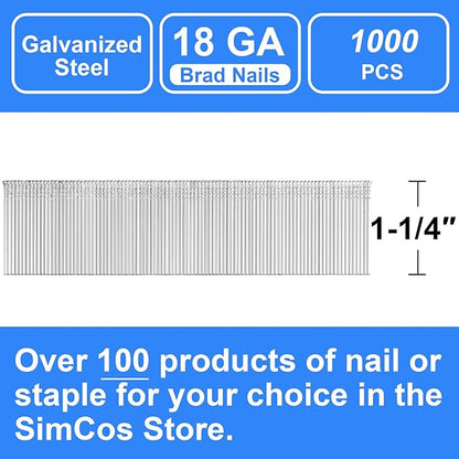 18 Gauge Brad Nails 4 Sizes (2",1-1/2",1-1/4",3/4") Galvanized 18 GA Nail Gun Nails Assorted and Small Finishing Nails for Pneumatic, Electric Brad Nailer (1-1/4" - 1000 PCS)