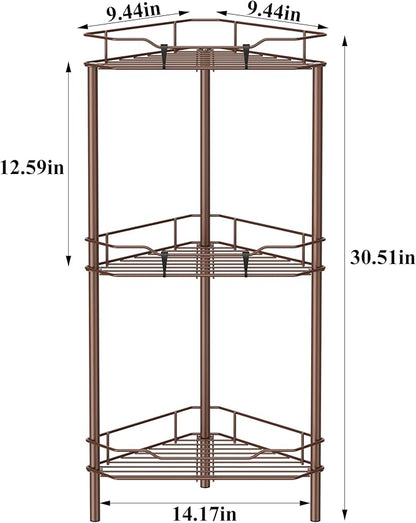 3 Tier Floor Standing Corner Shower Caddy Organizer Shelf with Hooks, Bathroom Shelves Stand Rack, Coffee