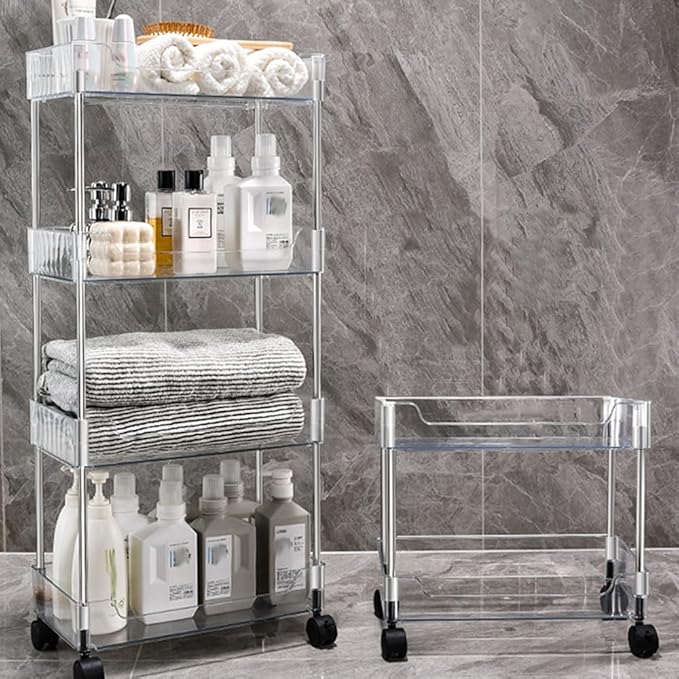 Betoveren 2 Tier Utility Rolling Cart Storage Organizer with Wheels Under Desk Mobile Bathroom Cart Organizer for Office Bathroom Home Kitchen Organization Transparent (Width 8.85 Inches)