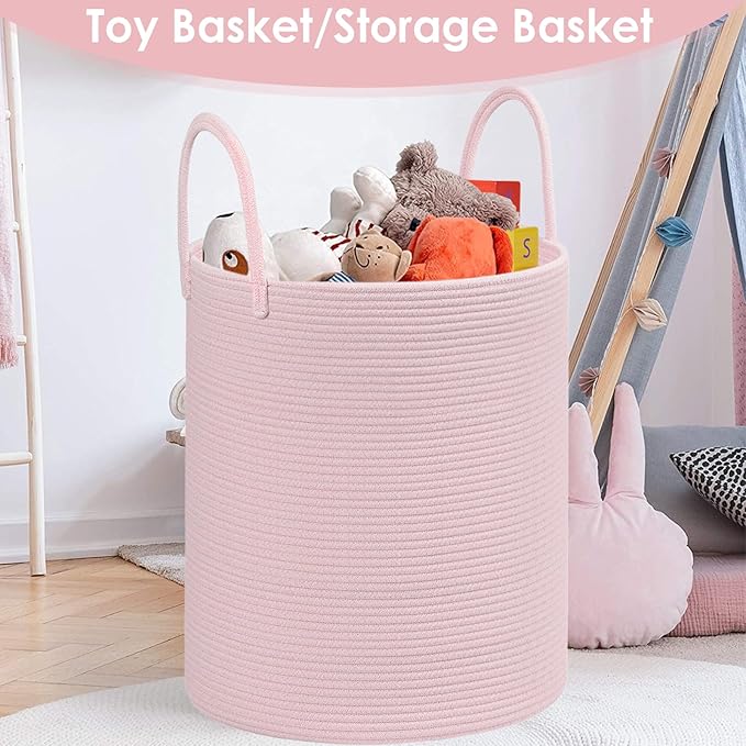 Cotton Rope Storage Basket with Handles, Pink, Large Capacity Laundry Hamper and Laundry Basket for Clothes, 15x18 Inches, Nursery Organizer