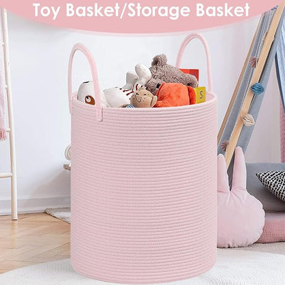 Cotton Rope Storage Basket with Handles, Pink, Large Capacity Laundry Hamper and Laundry Basket for Clothes, 15x18 Inches, Nursery Organizer
