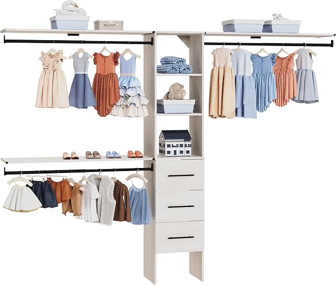 ClosetMaid SuiteSymphony 16-Inch Closet System Tower with (3) Hanging Rods, (3) Drawers, and (3) Top Shelves, White Timber