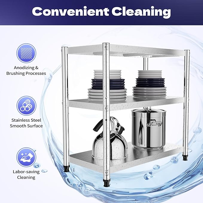 Stainless Steel Shelving 31.5 X 31.5 Inch 3 Tier Garage Shelving Kitchen Rack Steel Shelf Storage Unit for Living Rooms Offices Hotels