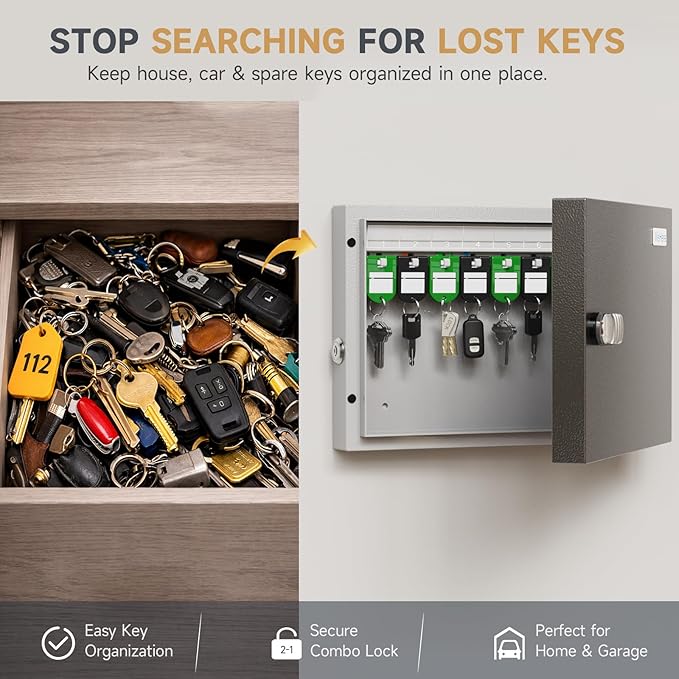 WeHere 16 Key Lock Box – Wall Mounted Key Cabinet with Dual Lock (Key & 3-Digit Combination), Home & Small Office Key Organizer for Entryway & Garage，Includes Key Tags