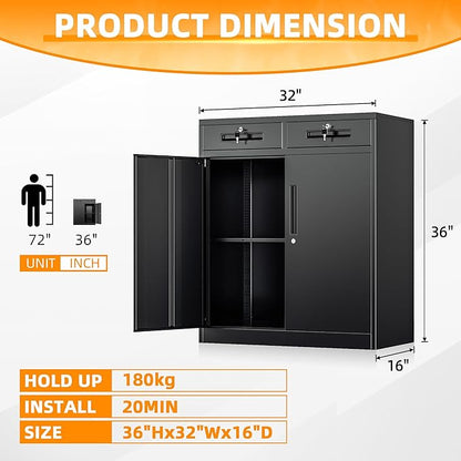 INTERGREAT Metal Storage Cabinet with 2 Drawers, 36" H Metal Cabinets with Doors and Shelves, Garage Cabinet with Lock for Home Office, Garage, School, Apartment,Warehouse,Black