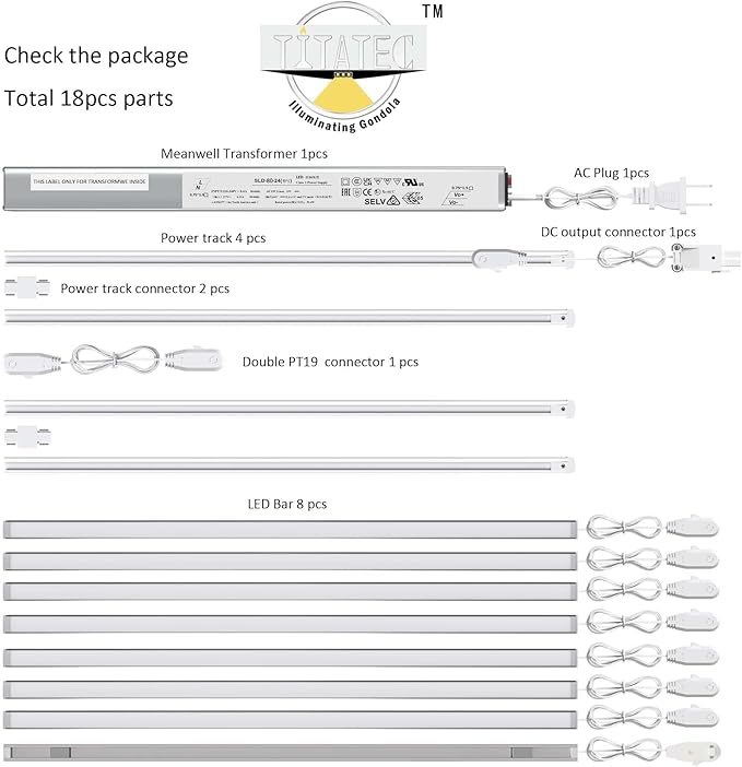Gondola Shelving Lights 48" kit with 8 pcs 6000K Pure White LED Light Bars, Power Supply and Accessories for Super Market, Retail Display, Business Shelves via Magnets to fit (48" 8PCS)