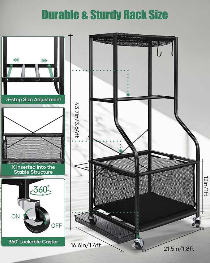 Sports Equipment Garage Organizer - Rolling Ball Storage with wheels, 3-Tier Sports gear Storage Rack Indoor & Outdoor Balls Cart with Hooks for Home, Garage (Black)