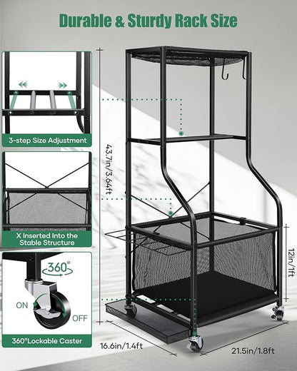Sports Equipment Garage Organizer - Rolling Ball Storage with wheels, 3-Tier Sports gear Storage Rack Indoor & Outdoor Balls Cart with Hooks for Home, Garage (Black)