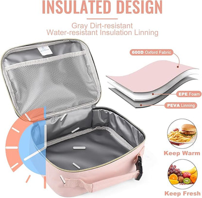Genteen Lunch Bag for Women Girls Kids,Insulated Lunch Box,Reusable Lunchbox for School,Work,Outdoor(Pink)