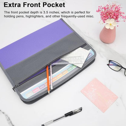 NAFY Accordion File Organizer, 13 Pockets Expanding File Folder with Zipper, A4 Letter Size Portable Accordion Expanding File Folders with 27pcs Multicolor Labels for Office School Supplies (Lavender)