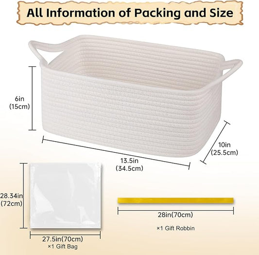 OIAHOMY Woven Basket, Gift Basket Empty with Gift Bags and Ribbons, Rope Baskets for Baby Showers, Storage Baskets with Handles for Nursery, Pet Toy Organizer - White