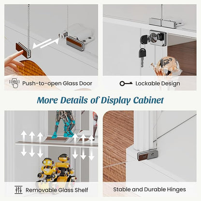 Glass Display Cabinet with Doors, RGB Curio Cabinet with LED Lights for Collectibles, Display Case with Adjustable Shelf, White