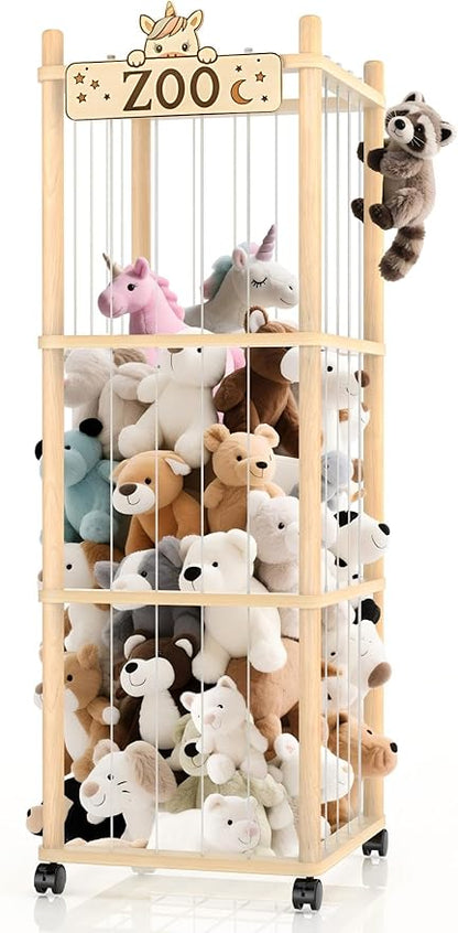 Stuffed Animal Storage Zoo Tower,56In Wooden Large Stuffed Animal Holder Organizer with Wheels,Stuffy Plushies Storage with Elastic Band&Mesh Bottom,Toy Storage Organizers for Playroom Bedroom Nursery