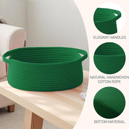 Woven Basket,Small Rope Storage Bin with Handles & Ribbon Bag, Organizer for Shelves Closets,Gift Basket Empty for Birthday,Books,Dog Toys, Green