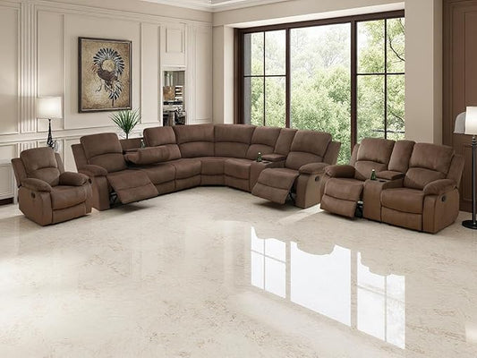 5 Pieces Living Room Furniture Sets, Brown Corduroy Reclining Sectional Corner Sofa with Reclining Loveseat and Chair with Drop-Down Table, Cup Holder and Storage Console for Bedroom, Office