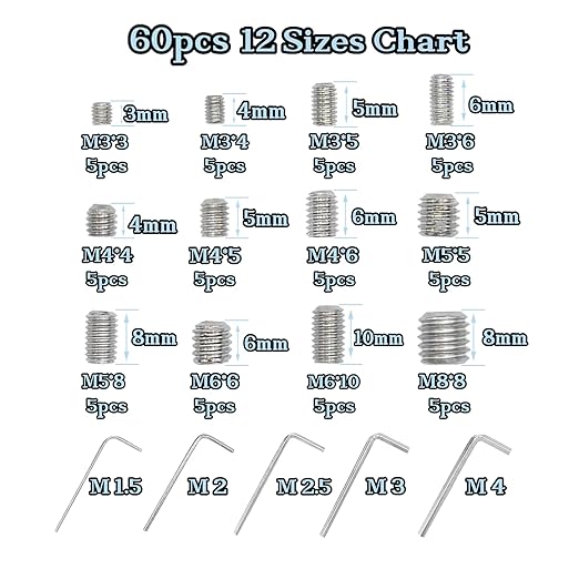 60pcs Set Screws, Allen Head Screws, Grub Screws M3 M4 M5 M6 M8 for Home Repair, Install Door Lock, Repair Furniture, Electronic Product, DIY, Fixtures (Stainless Steel 12 Sizes)