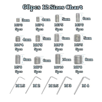 60pcs Set Screws, Allen Head Screws, Grub Screws M3 M4 M5 M6 M8 for Home Repair, Install Door Lock, Repair Furniture, Electronic Product, DIY, Fixtures (Stainless Steel 12 Sizes)