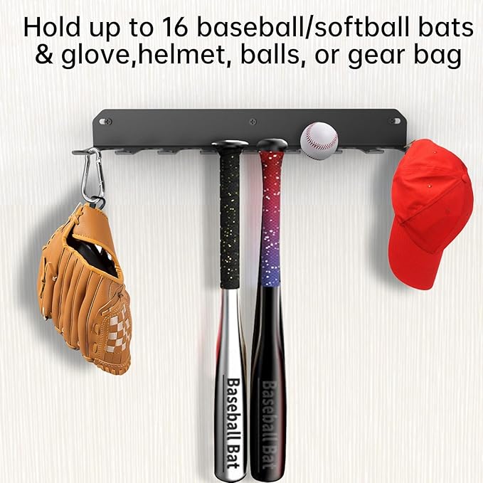 Wall Mount Baseball Bat Rack, Hold 16 Bats, Home Gym Sports Equipment Organizer Hanger, Olympic Barbells Holder, Heavy Duty Hooks for Hangs Bats,Gloves,Hats,Bags,Balls,Row Handles or Tools, 2 Pack