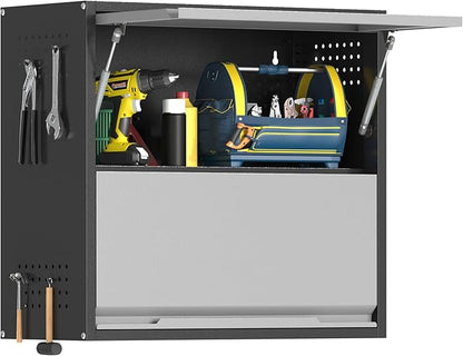 Metal Garage Wall Cabinet with Up-Flip Door, Black Float Tool Cabenit with 2 Doors,Upper Storage Cabinets with Pegboard for Kitchen,Garage,Workshop,Warehouse (25.6" H,Black&Gray)