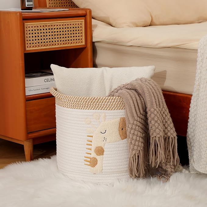 INough Toy Storage Baskets Woven Cotton Rope Storage Basket for Kids, Blanket Baskets for Living Room Toys Organizer with Embroidery Decor, Cute Baskets with Handle for Nursery, Playroom (Giraffe)