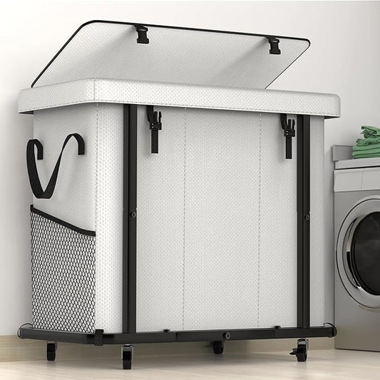 60 Gal(230L) High Grade Large Laundry Basket with Wheels, Rolling Laundry Hamper, Laundry Cart with Metal Frame and Removable Bag Design, Suitable for Laundry Room,Bedroom (White, 3 Section 230L)