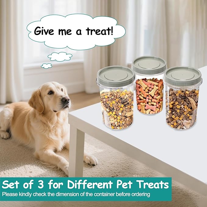 3 Pack Dog Treat Container - Airtight Dog Treat Holder with Lid - Reusable Cat Treat Container - Cute Dogs Cat Treat Cookie Container Set - Plastic Pet Dogs Cats Food Storage Container - Grey Green