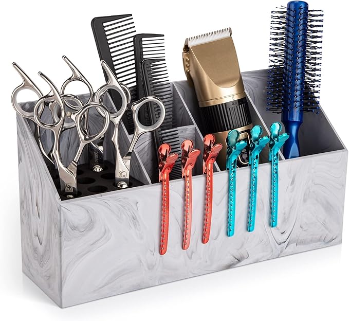 Noverlife Salon Shear Holder, Large Marble Pattern Hair Stylist Shears Rack Neat Desk Organizer, Professional Barber Scissor Holder Pet Grooming Storage Box Container Case for Clippers Combs Clips