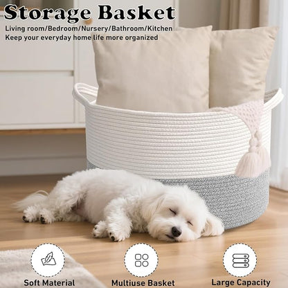 90L Large Blanket Basket,21.7"L x 21.7"W x 13.8"H Rope Woven Baskets with Handles, Toys Storage Bins,Laundry Basket Perfect for Living Room, Nursery,Bedroom,Home Organization,White&Grey