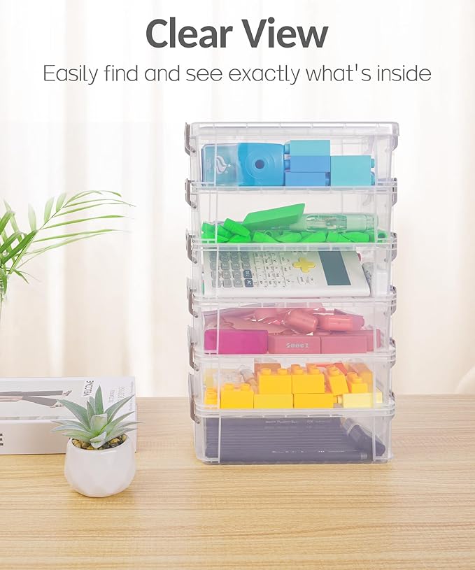 Sooez 6 Pack Extra Large Pencil Box, Plastic Hard Pencil Case Crayon Box Bulk, Clear Marker Organizer Plastic Containers with Lid, Stackable Storage Boxes for Art Craft, Back to School Supplies, Multi