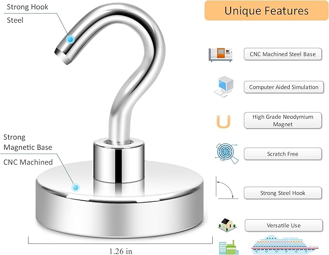 Neosmuk Magnetic Hooks, Heavy Duty 130lb Strong Magnet Hook for Cruise Cabins, Cruise Ship Essentials for Hanging, Metal Wall Refrigerator Hangers (Silver White, 10 Pack)