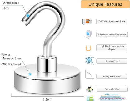 Neosmuk Magnetic Hooks, Heavy Duty 130lb Strong Magnet Hook for Cruise Cabins, Cruise Ship Essentials for Hanging, Metal Wall Refrigerator Hangers (Silver White, 10 Pack)