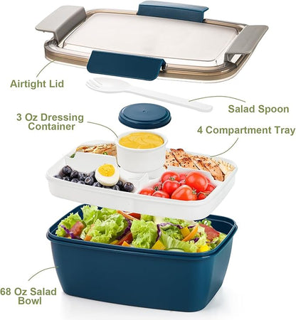 Youeon 3 Pcs 68 Oz Salad Lunch Container with 4 Compartment Tray, Bento Lunch Box with Spoon & Dressing Cup, Leakproof Salad Container for Lunch, Toppings, Snacks, Fruits, BPA-Free