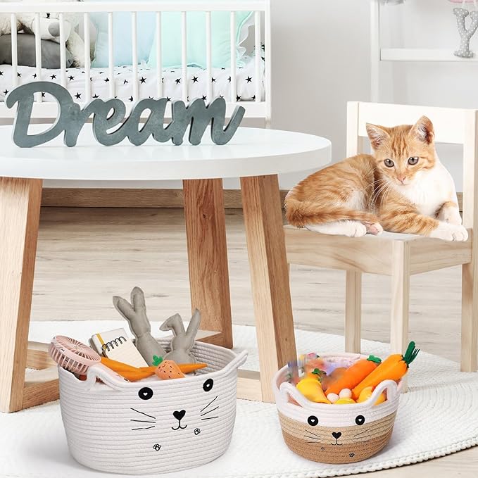 Zopeal Cat Basket Storage Woven Organizer with Ears Easter Decorative Gift Pet Toy Cute Cotton Rope Basket for Gift Cat Dog Toy Bin Nursery Room(8.3 x 4.7 Inch,White Khaki Brown)