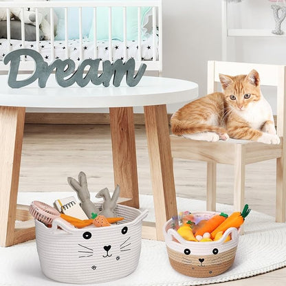 Zopeal Cat Basket Storage Woven Organizer with Ears Easter Decorative Gift Pet Toy Cute Cotton Rope Basket for Gift Cat Dog Toy Bin Nursery Room(8.3 x 4.7 Inch,White Khaki Brown)