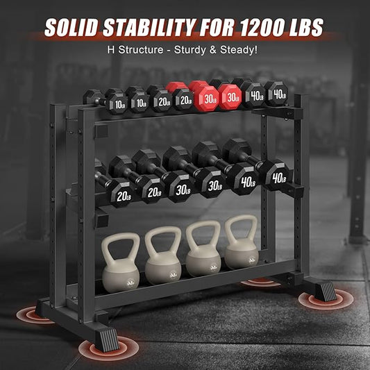 3-Tier Dumbbell Rack, 1200LB Capacity Adjustable Weight Rack for Home Gym, Heavy-Duty Weight Stand for Dumbbells Kettlebells & Weight Plates(Rack Only)