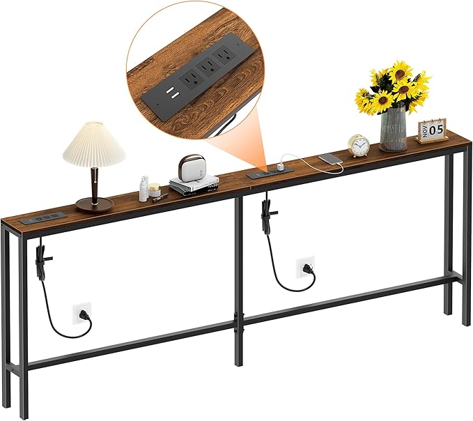 Narrow Sofa Table with 2 Power Outlets, 80.7” Thin Console Tables Narrow Long, Behind Couch Table Skinny, Wood Console Tables for Entryway, Living Room, Hallway, Foyer, Rustic Brown