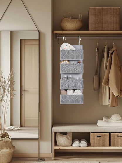 Macrame Over the Door Organizer Boho Decor Nursery Storage, Leaf Weaving Closet Storage, 4 Hanging Pockets, Behind Door for Bathroom, Bedroom,Grey